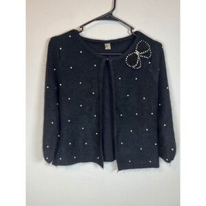Black Fuzzy‎ Embellished Bow Pearl Cardigan Sweater Women's